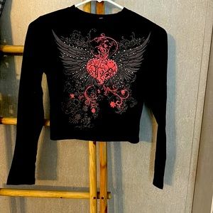 Long sleeve graphic crop top with rhinestone detail. Size S
